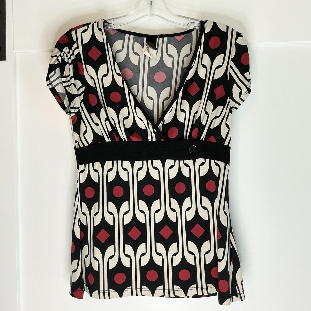 Wrapper Vintage Top Y2K Babydoll 90s Size Large Black White Red Geometric Club